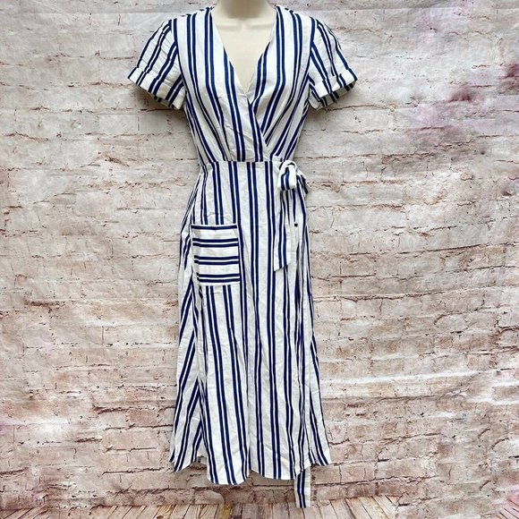L'academie Tuscany Midi Dress in Ocean Stripe Size XXS V-Neck Coastal Beach - Picture 2 of 8